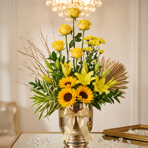 Luxury Yellow Roses and Sunflowers Arrangement