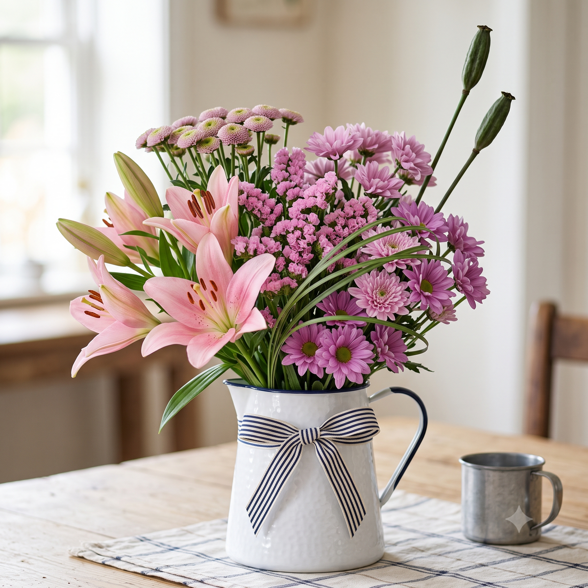 Luxury Pink Lily and Daisy Flowers Bouquet in White Pitcher