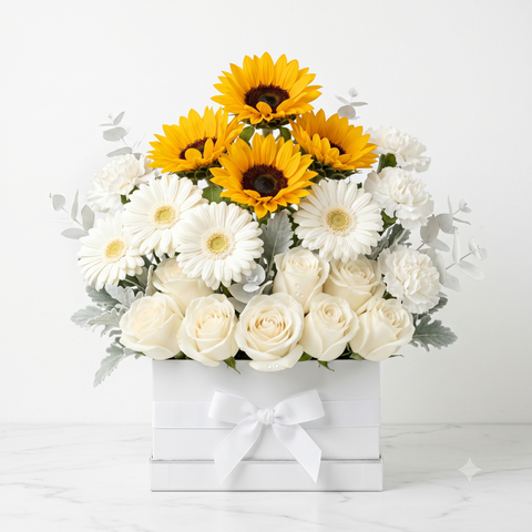 Luxury Sunflower and White Anniversary Roses Box