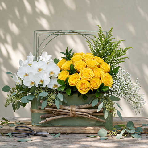 Luxury Yellow Rose and White Orchid Box Arrangement
