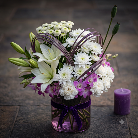 Luxury White Lily and Purple Orchid Flowers Bouquet