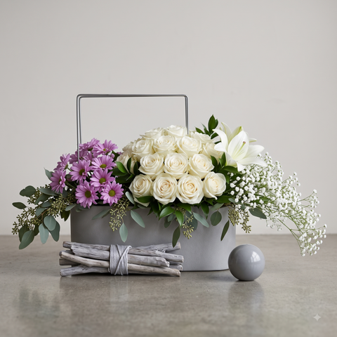 Luxury Pearl White Rose and Purple Daisy Bouquet in Grey Trough