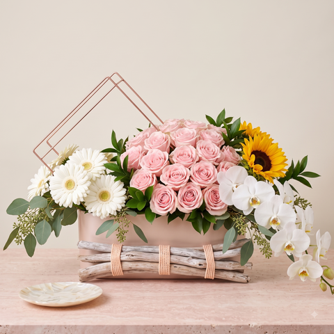Modern Blush Pink Roses and Orchids Bouquet in Pearlised Trough