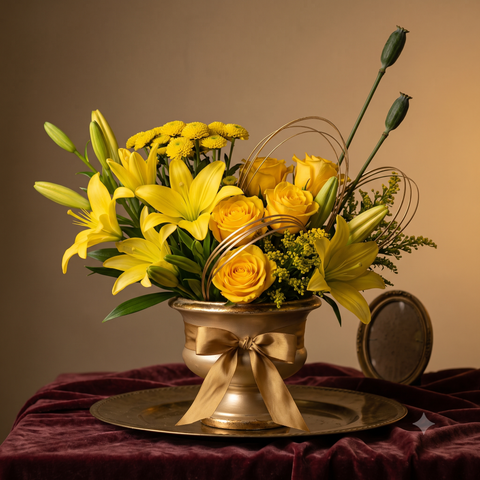 Luxury Yellow Lily and Rose Flowers Bouquet in Gold Pot