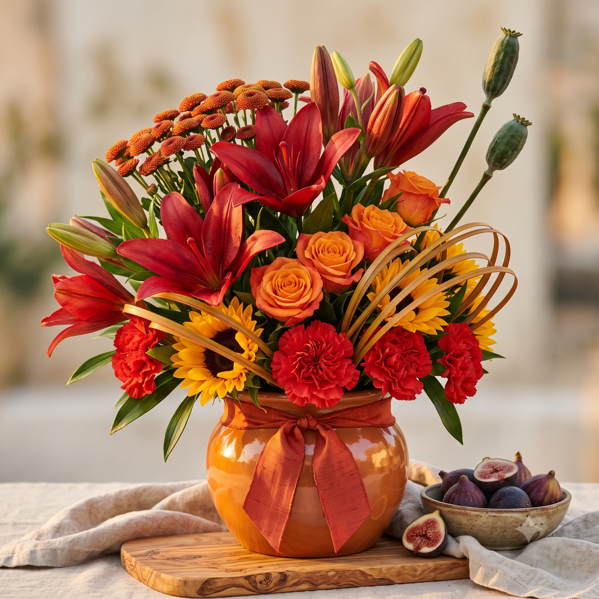 Luxury Orange Rose and Red Lily Bouquet in Terracotta Pot