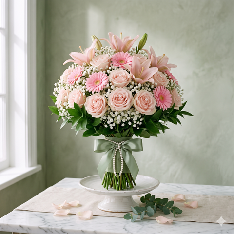 Elegant Pink Rose and Lily Anniversary Bouquet