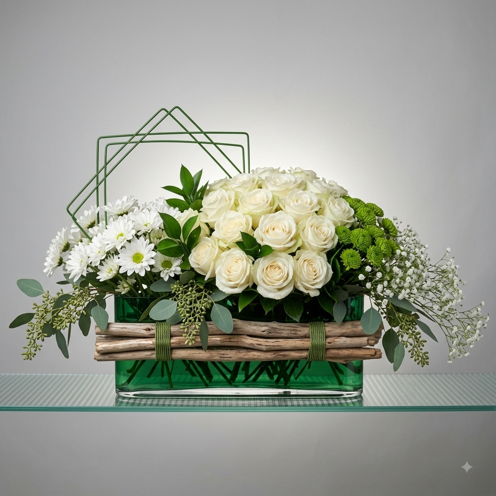 Luxury White Rose & Daisy Bouquet in Birch Glass Vase