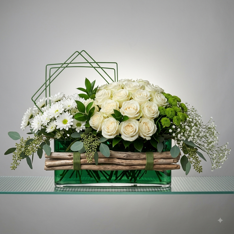 Luxury White Rose & Daisy Bouquet in Birch Glass Vase