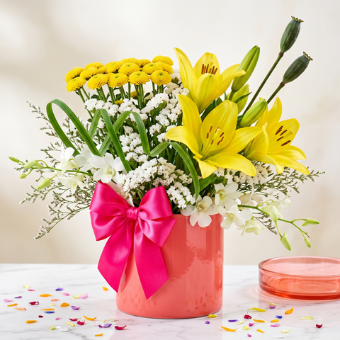 Luxury Yellow Lily and Chrysanthemum Bouquet in Pink Vase