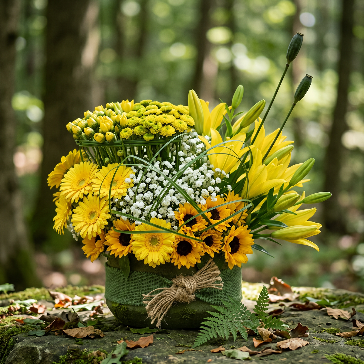 Luxury Yellow Lily and Sunflower Bouquet in Rustic Pot