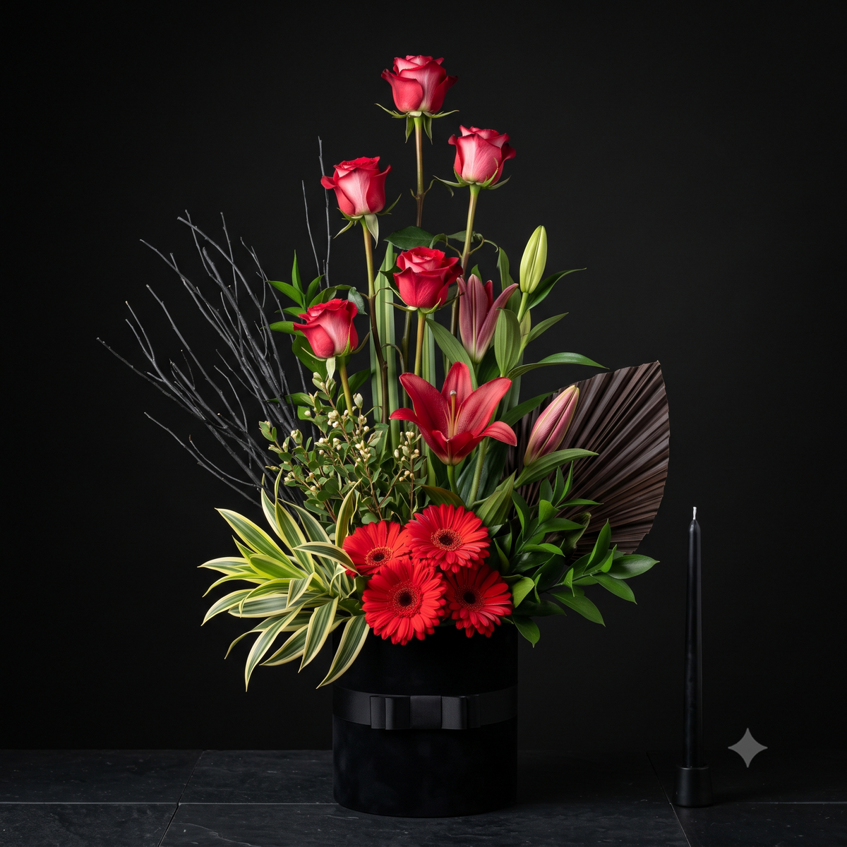 Luxury Dark Red Roses and Lilies Arrangement
