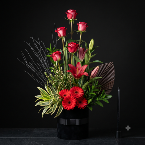 Luxury Dark Red Roses and Lilies Arrangement
