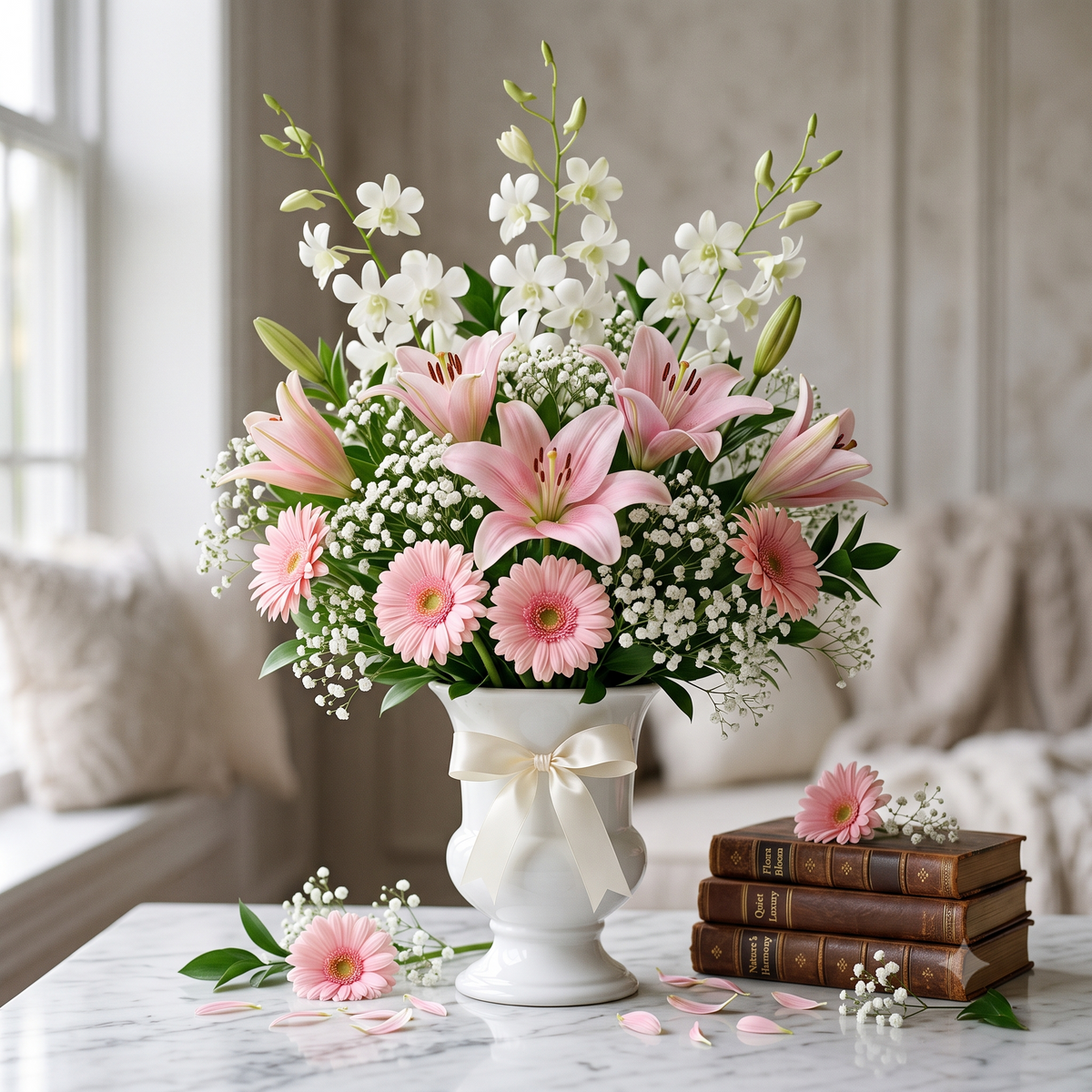 Premium White Orchid and Pink Lily Flower Arrangement