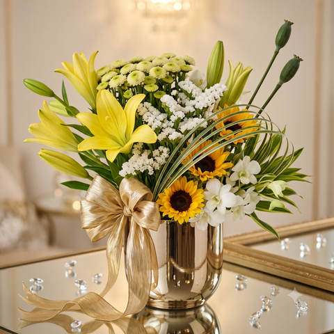 Luxury Yellow Lily and Sunflower Bouquet in Gold Vase