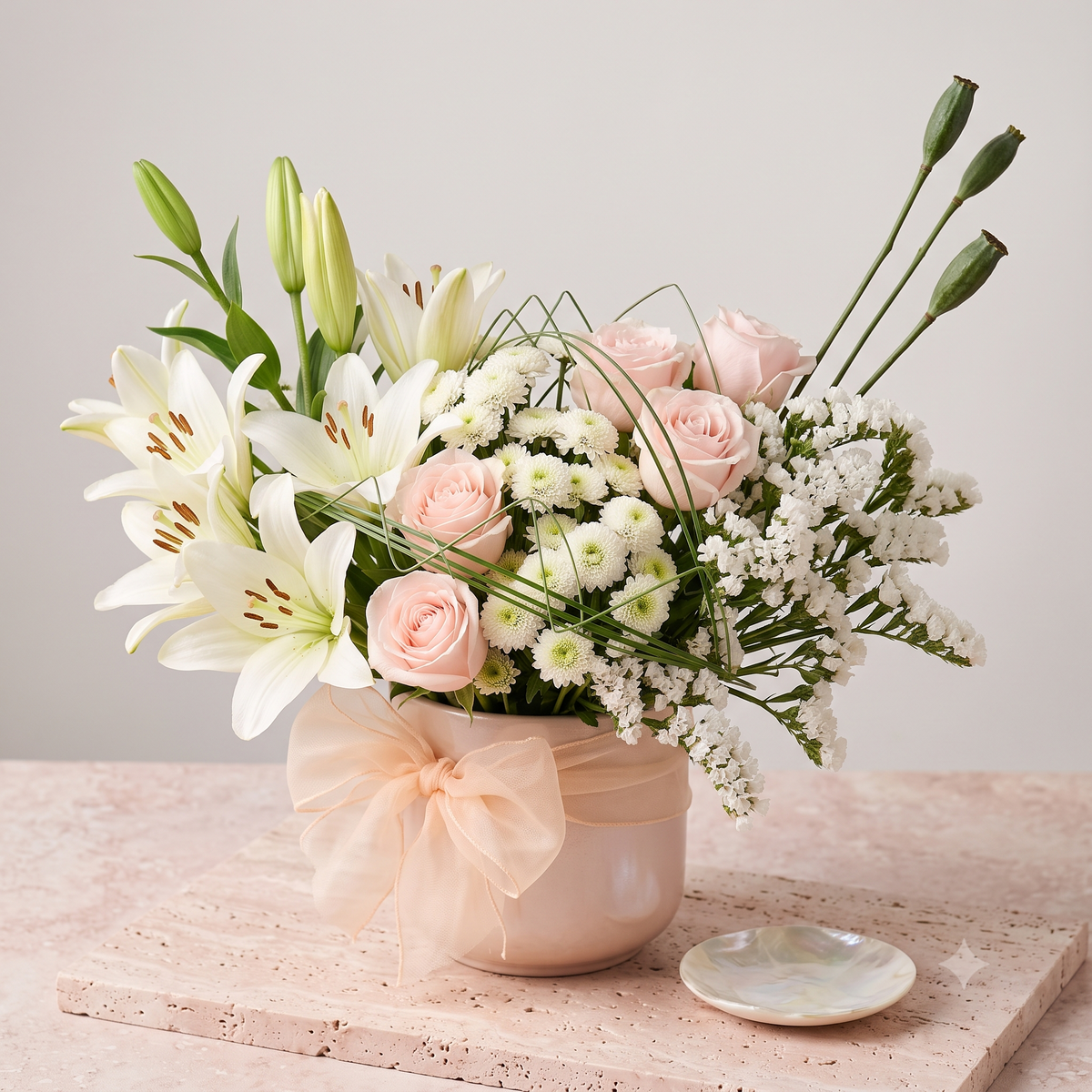 Luxury White Lily and Pink Rose Flowers Bouquet in Blush Pot