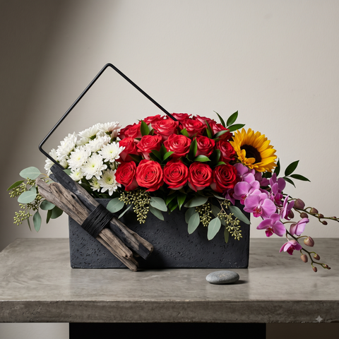 Luxury Red Rose, Orchid and Sunflower Box Arrangement