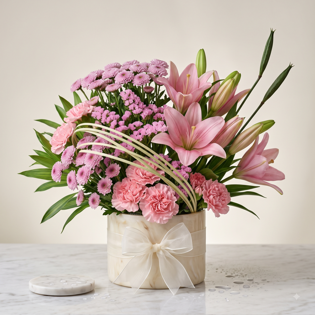 Luxury Pink Lily and Carnation Flowers Bouquet in Marble Pot
