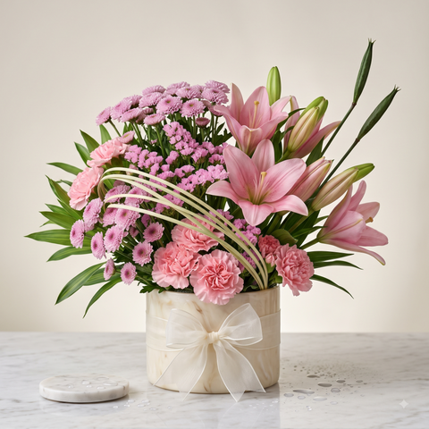 Luxury Pink Lily and Carnation Flowers Bouquet in Marble Pot