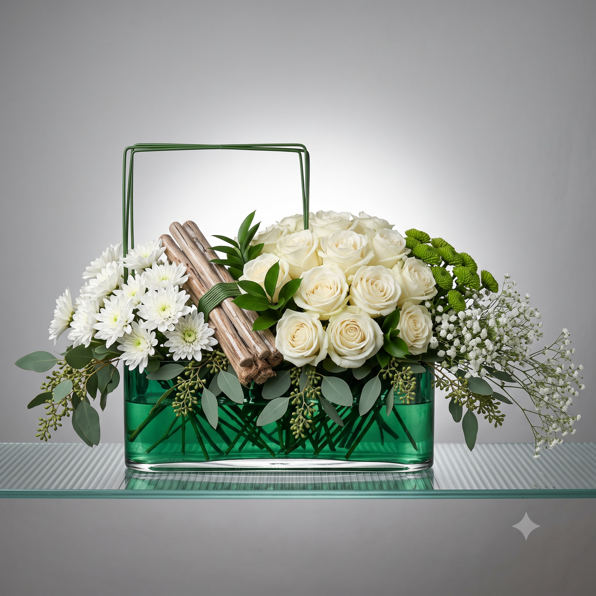 Luxury White Rose & Emerald Glass Modern Bouquet