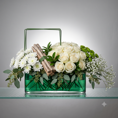 Luxury White Rose & Emerald Glass Modern Bouquet