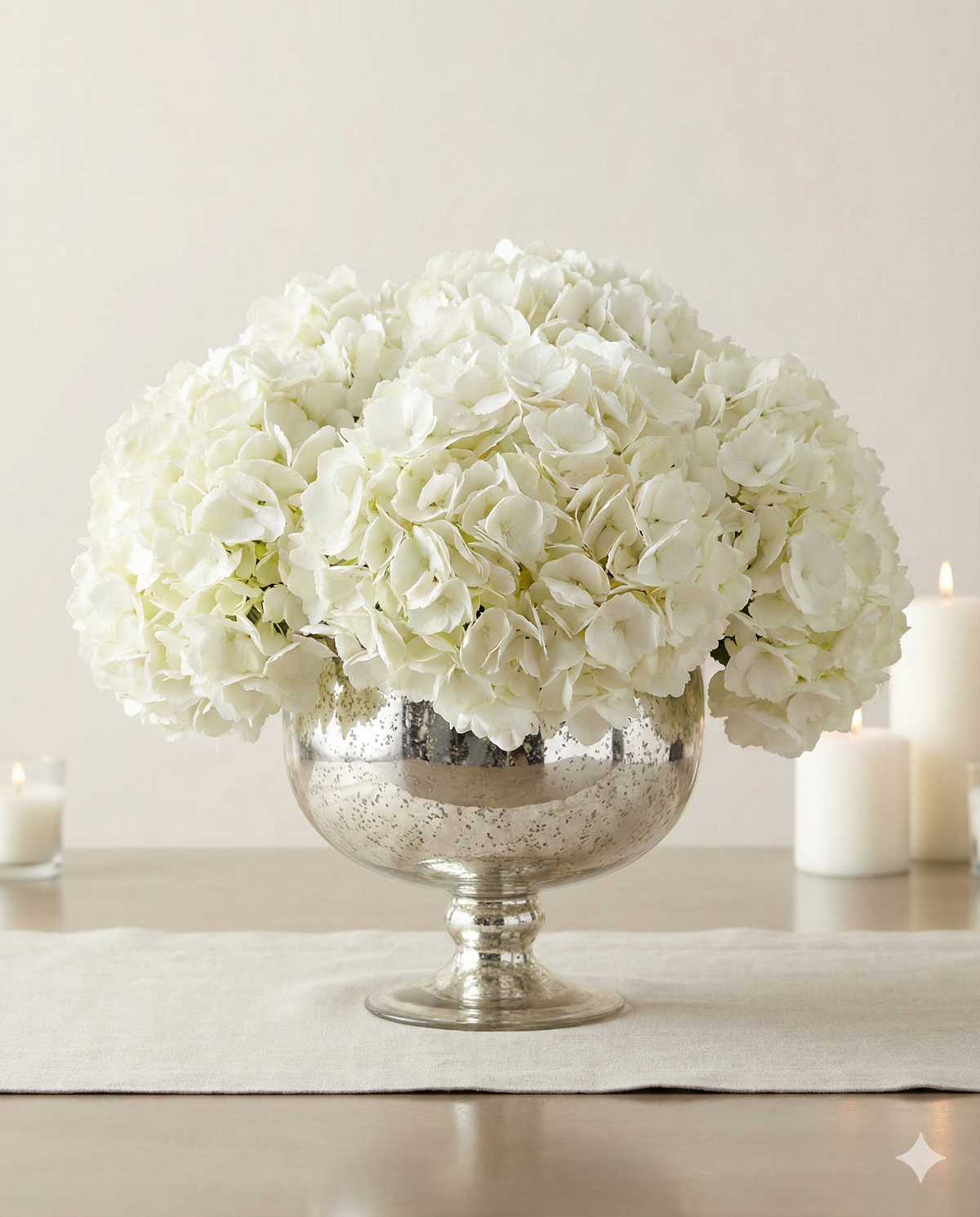 Elegant White Hydrangea Centerpiece in Silver Vase