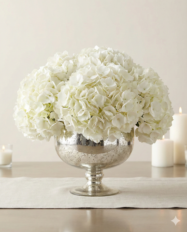 Elegant White Hydrangea Centerpiece in Silver Vase