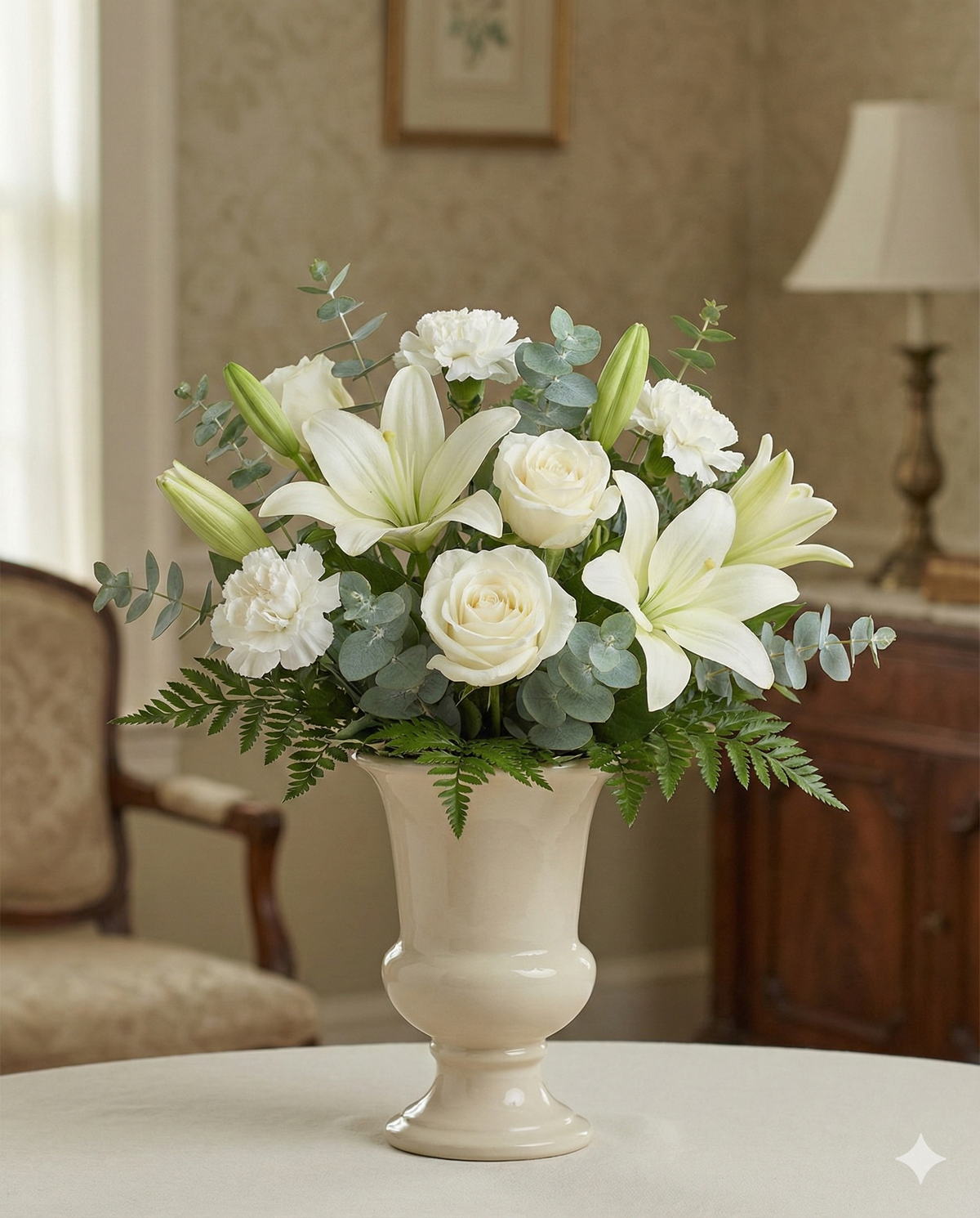 Elegant White Sympathy Flower Arrangement in Urn Vase