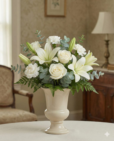 Elegant White Sympathy Flower Arrangement in Urn Vase