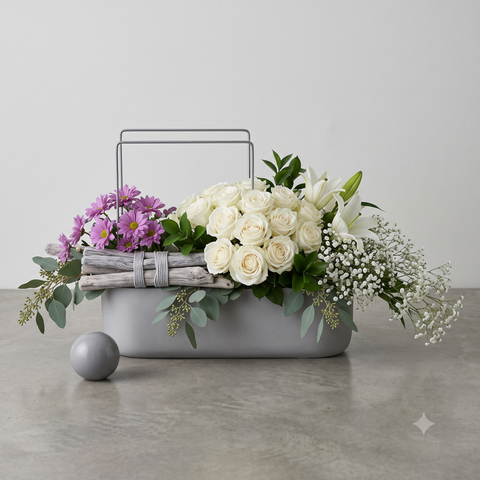 Luxury Flowers: Modern White Rose & Lily Grey Trough