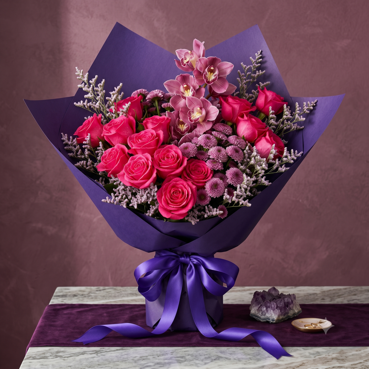 Luxury Orchid and Hot Pink Rose Bouquet