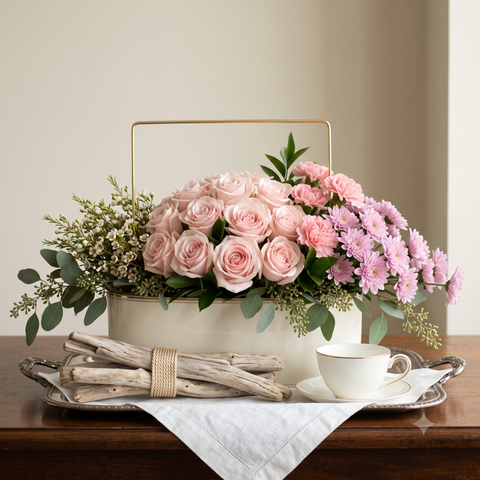 Luxury Flowers: Genteel Pink Roses & Gold Bowl Centerpiece