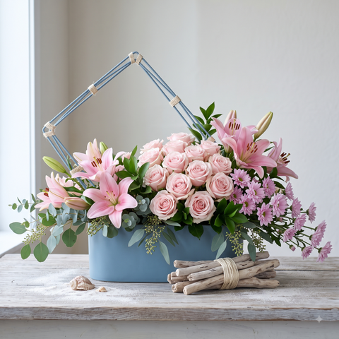 Luxury Pink Lily and Rose Box Arrangement with Purple Daisies