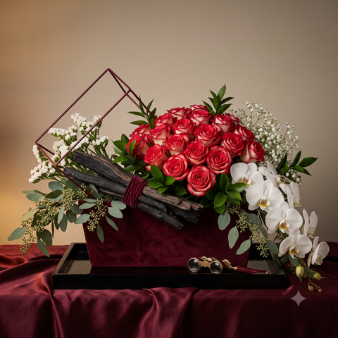 Luxury Bicolour Red Rose & White Orchid Velvet Bouquet