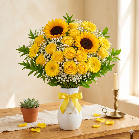 Bright Yellow Sunflower & Rose Bouquet