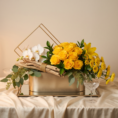Luxury Yellow Rose and White Orchid Gold Arrangement