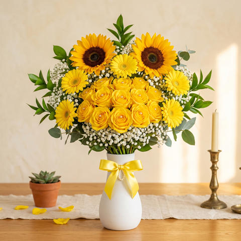 Bright Yellow Rose & Sunflower Bouquet
