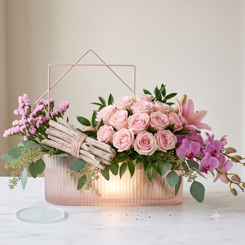 Luxury Pink Rose, Orchid & Lily Glowing Glass Arrangement
