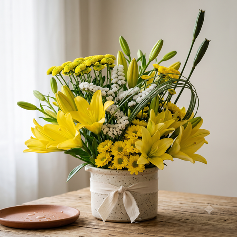 Luxury Yellow Lily and Chrysanthemum Bouquet in Speckled Pot