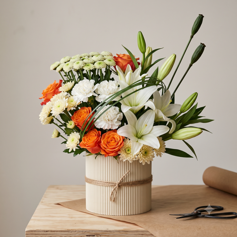 Luxury Orange Rose and White Lily Flowers Bouquet