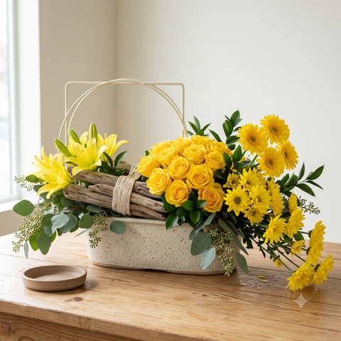 Luxury Yellow Rose & Gerbera Flowers Bouquet in Ceramic Pot