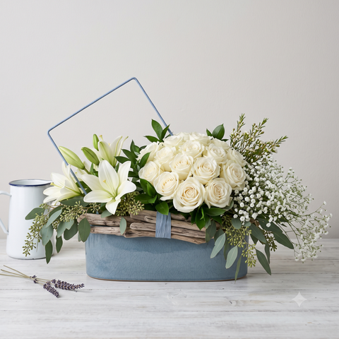 Rustic Blue Planter with White Lilies and Roses Flowers Bouquet
