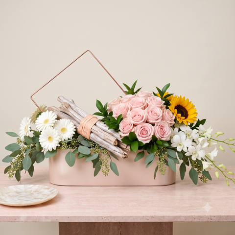 Luxury Pink Rose, Gerbera, & Orchid Modern Trough Arrangement