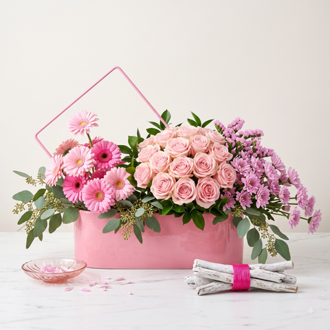 Luxury Pink Rose and Gerbera Modern Flower Box Arrangement