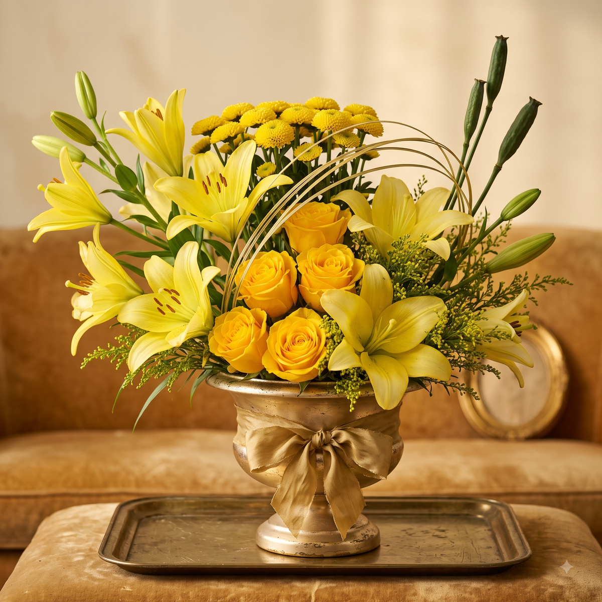 Luxury Yellow Lily and Rose Flowers Bouquet in Gold Urn