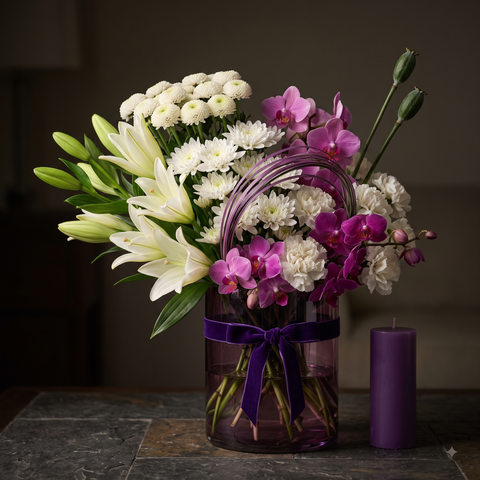Luxury White Lily and Purple Orchid Flowers Bouquet
