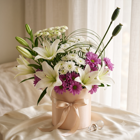 Luxury White Lily and Purple Daisy Bouquet in Peach Box