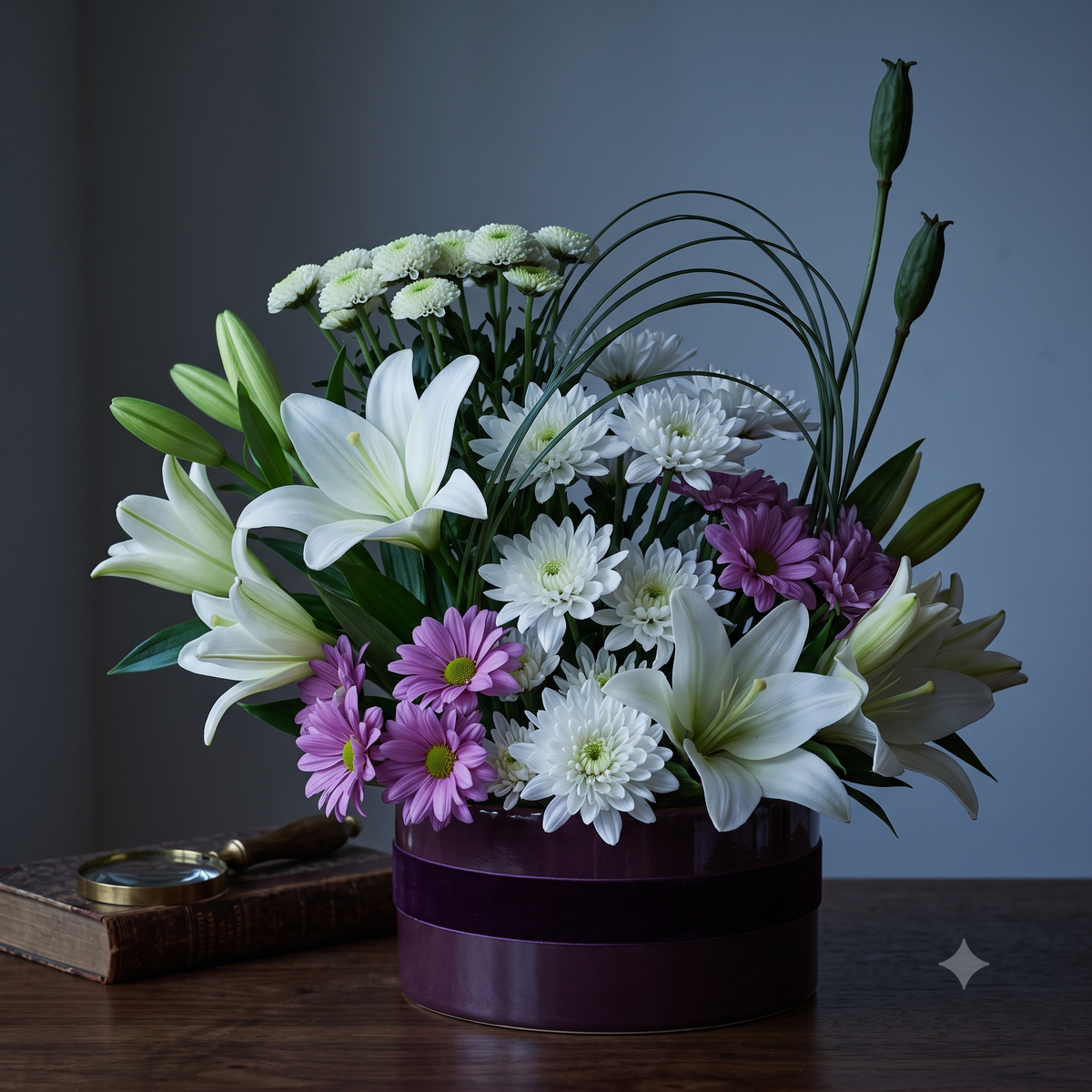 Luxury White Lily and Purple Daisy Flowers Bouquet