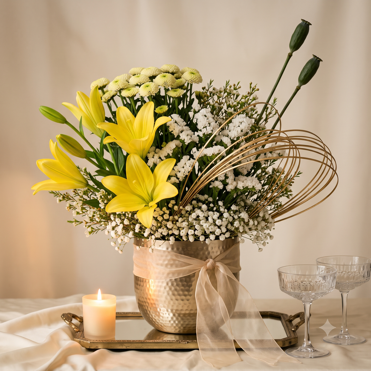 Luxury Yellow Lily & White Blooms in Gold Pot Bouquet