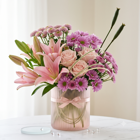 Luxury Pink Lily and Rose Flowers Bouquet in Frosted Vase
