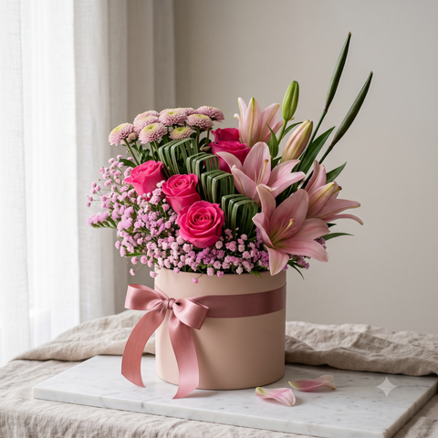 Luxury Pink Lily and Rose Flowers Bouquet Box